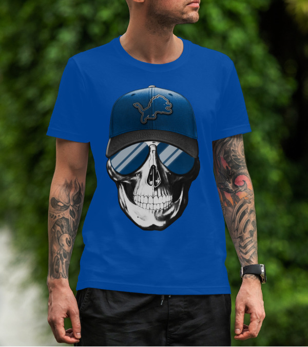 Skull Wearing Detroit Lions Cap With Reflective Sunglasses T-Shirt