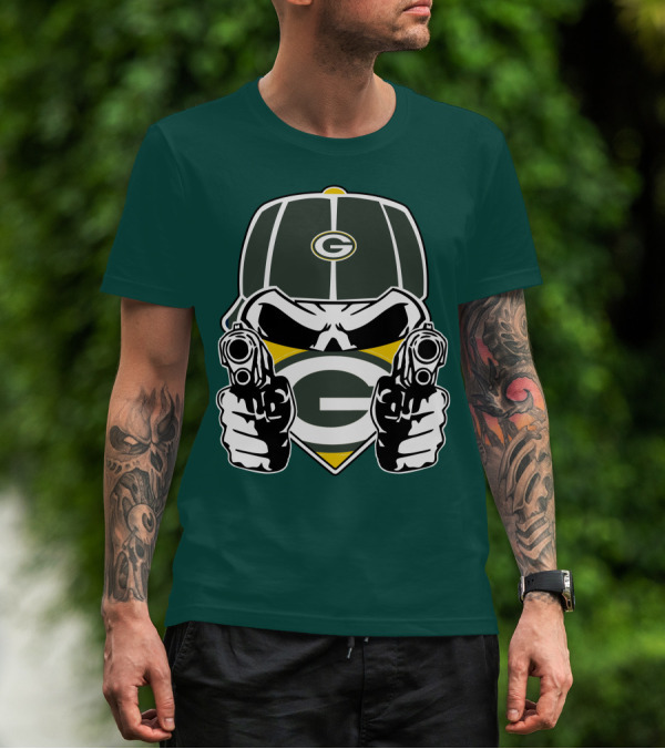 Green Bay Packers G Logo Helmet With Crossed Guns Face Mask T-Shirt