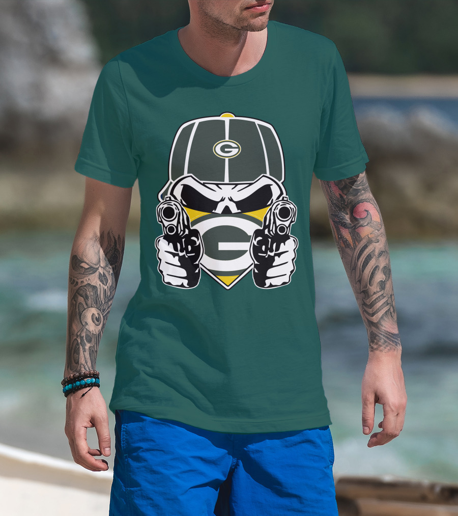 Green Bay Packers G Logo Helmet With Crossed Guns Face Mask T-Shirt