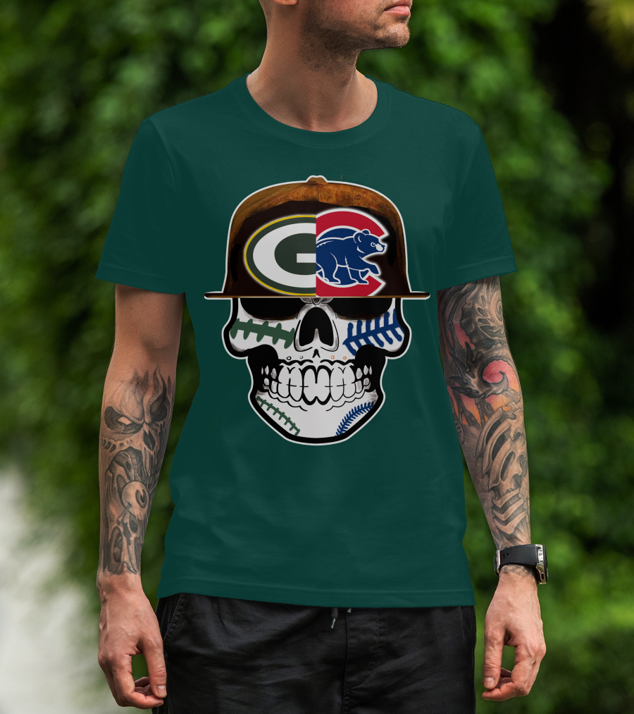Green Bay Packers Chicago Cubs Skull Hat T-Shirt
