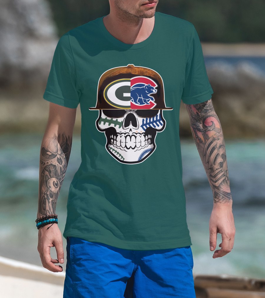 Green Bay Packers Chicago Cubs Skull Hat T-Shirt