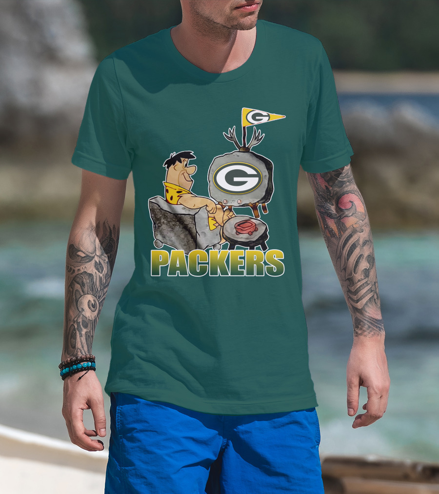 Packers Fred Flintstone Watching Tv With Green Bay T-Shirt
