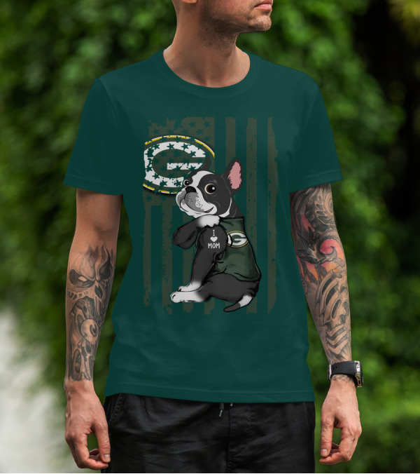 Boston Terrier Holding I Love Mom Green Bay Packers T-Shirt