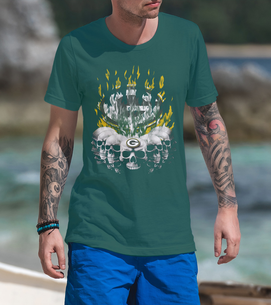 Green Bay Packers Flaming Skull T-Shirt