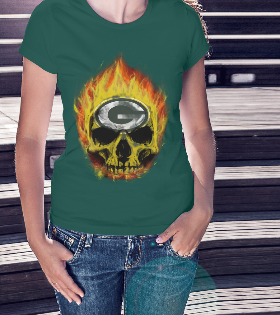 Green Bay Packers Skull Flames T-Shirt