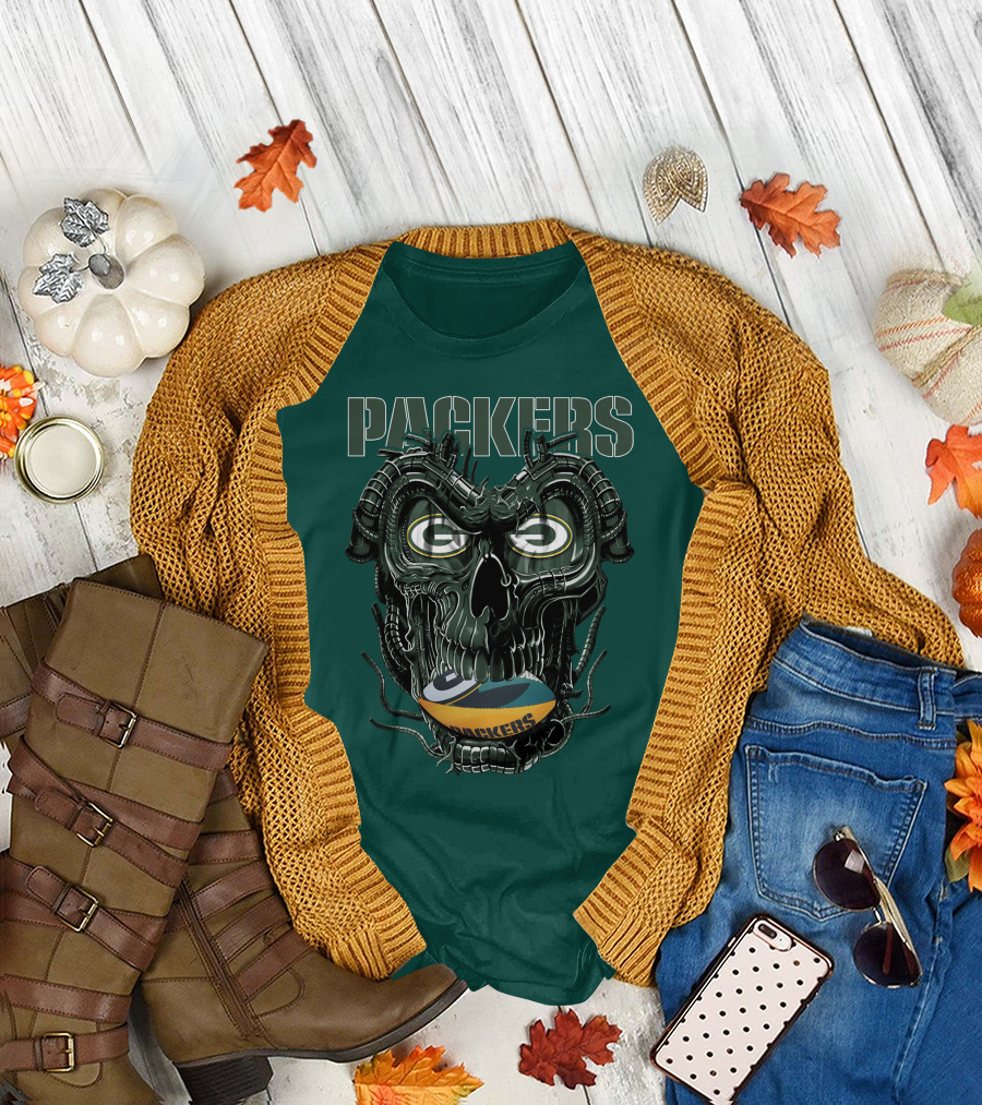 Dragonskull Green Bay Packers Football Skull T-Shirt