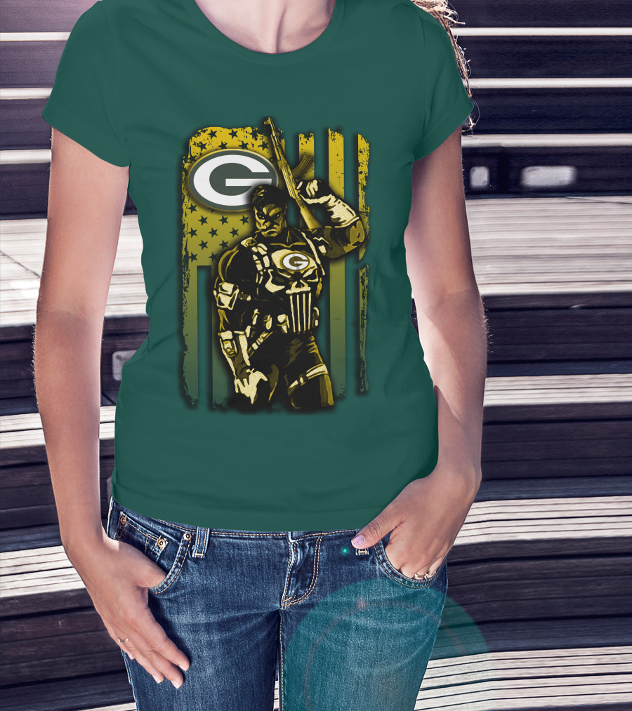 Green Bay Packers Soldier With Rifle And American Flag T-Shirt