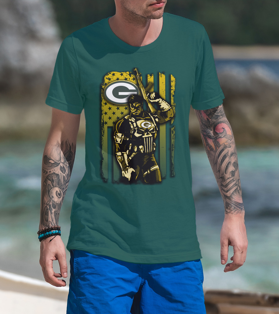 Green Bay Packers Soldier With Rifle And American Flag T-Shirt