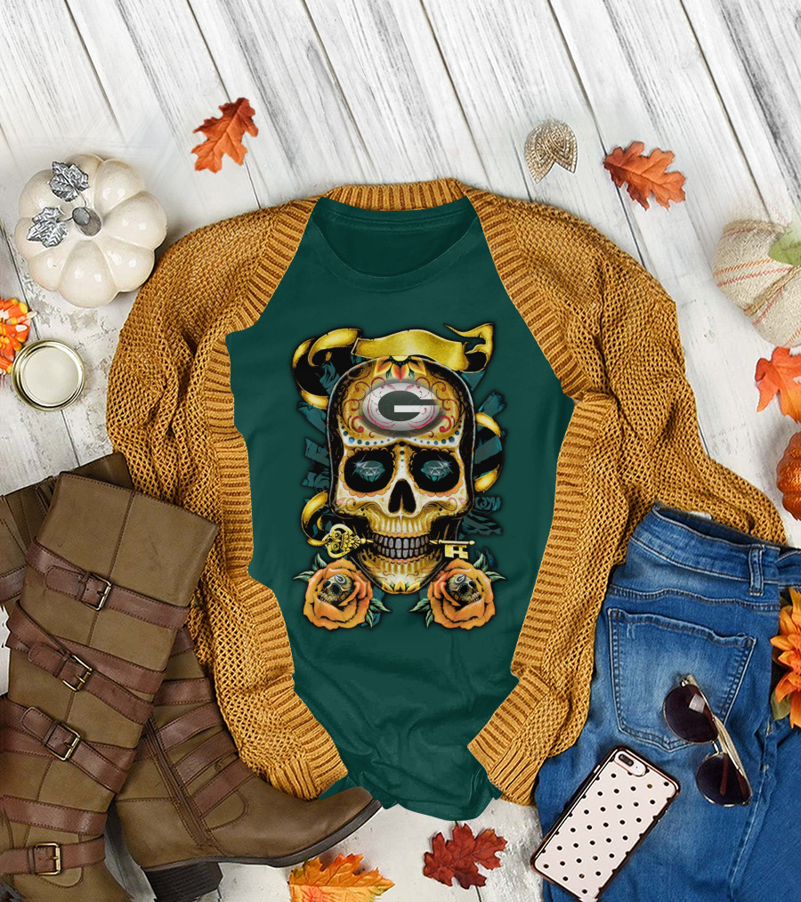 Green Bay Packers Sugar Skull Gothic Design With Floral And Key Elements T-Shirt