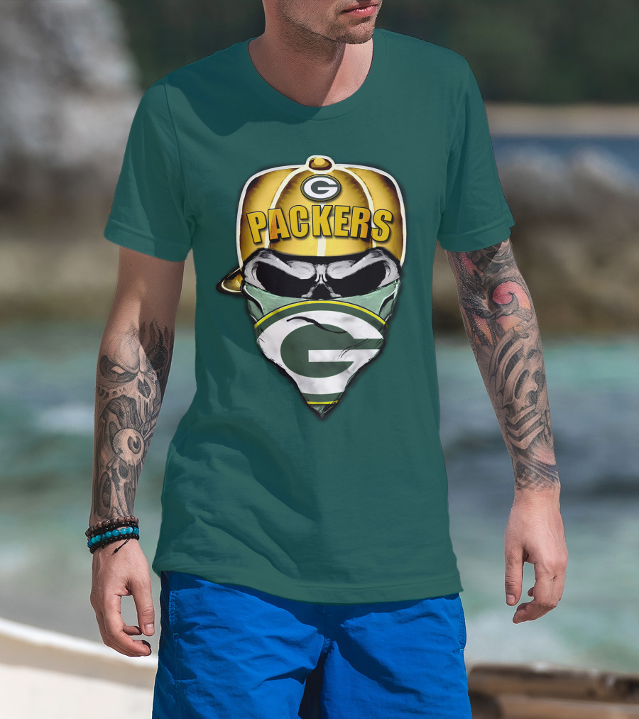 Packers Skull Bandana Hard Hat G Logo Green Bay 29 T-Shirt