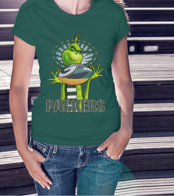 Grinch Holding Green Bay Packers Wilson Football T-Shirt