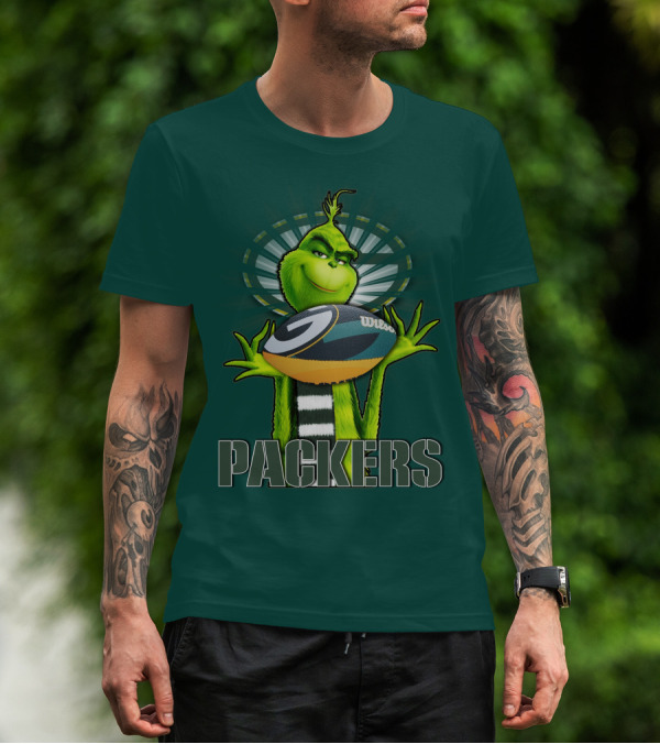 Grinch Holding Green Bay Packers Wilson Football T-Shirt