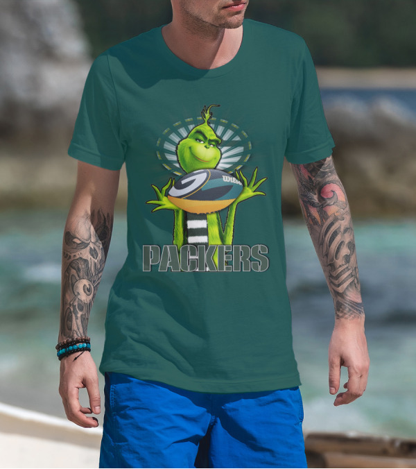 Grinch Holding Green Bay Packers Wilson Football T-Shirt