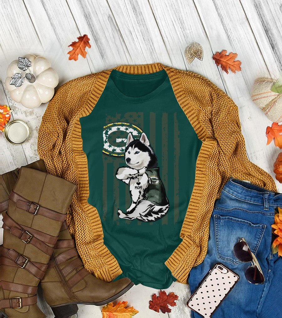 Siberian Husky Green Bay Packers Mom Fan With Heart Tattoo And Team T-Shirt