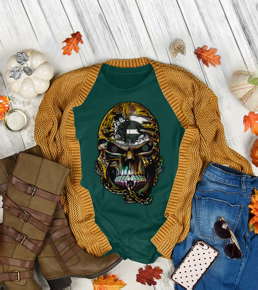 Green Bay Packers 82 Skull Art With Chain Motif T-Shirt