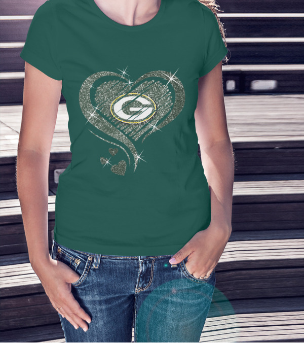 Green Bay Packers Heart Diamond Sparkle T-Shirt
