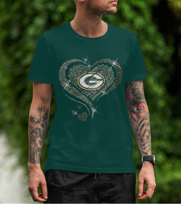 Green Bay Packers Heart Diamond Sparkle T-Shirt