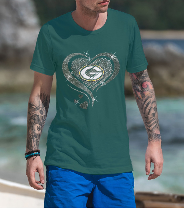 Green Bay Packers Heart Diamond Sparkle T-Shirt