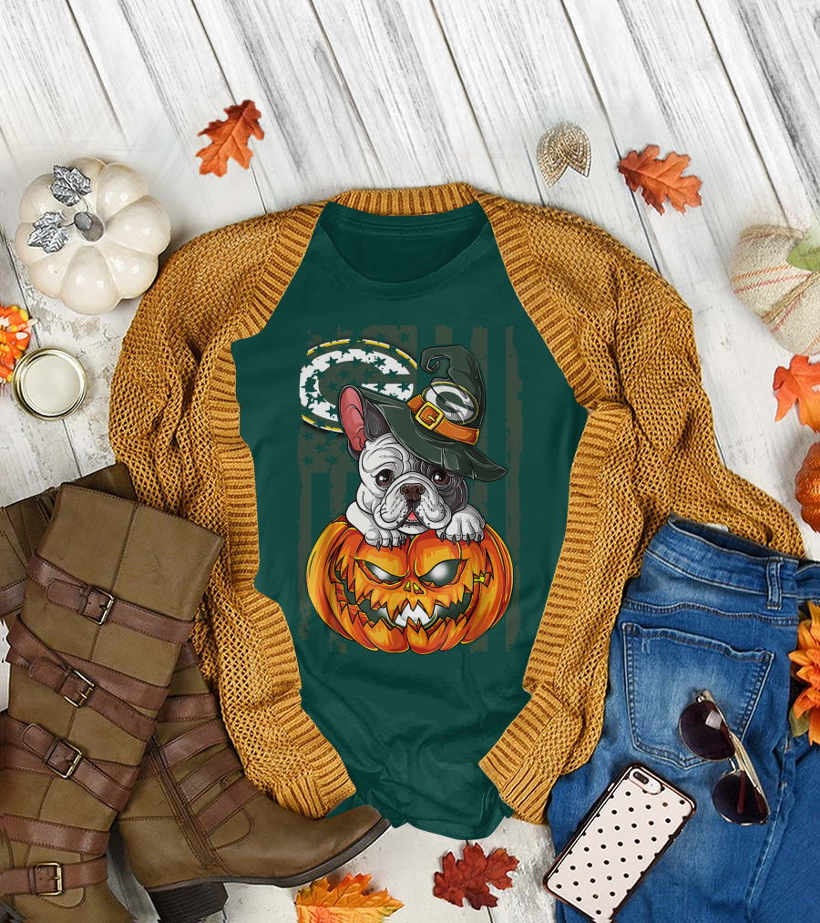 Hlw Bulldog Halloween Witch Green Bay Packers Pumpkin T-Shirt