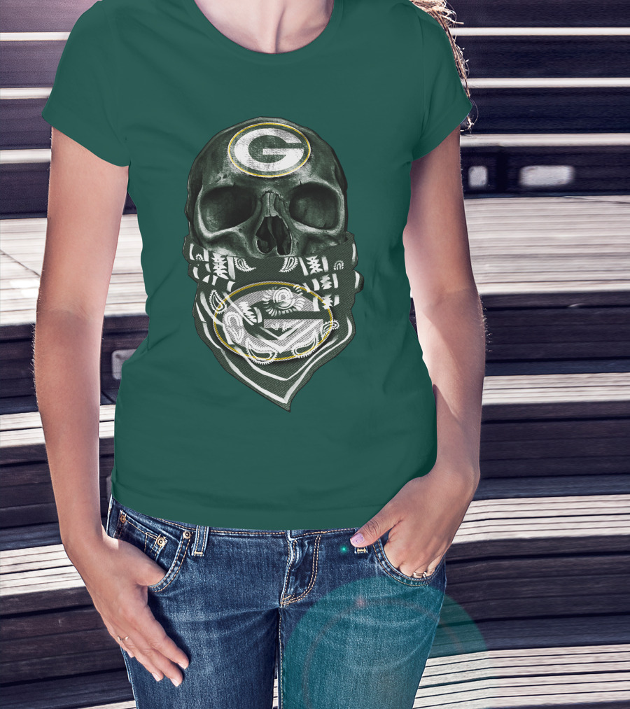 Skull Wearing Green Bay Packers Bandana T-Shirt