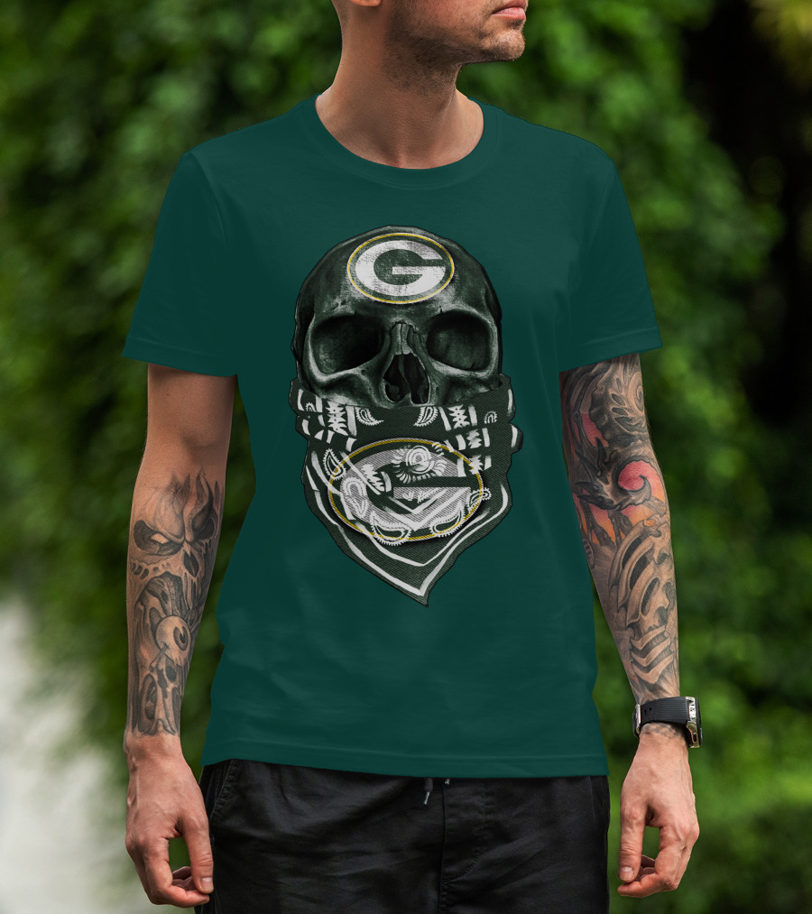 Skull Wearing Green Bay Packers Bandana T-Shirt