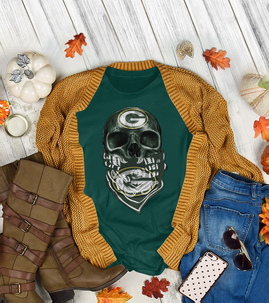 Skull Wearing Green Bay Packers Bandana T-Shirt