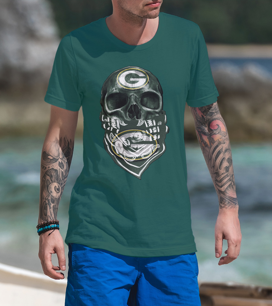Skull Wearing Green Bay Packers Bandana T-Shirt