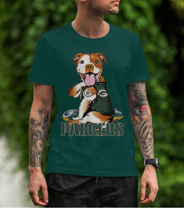 Pitbull Dog In Green Bay Packers Jersey With Football T-Shirt