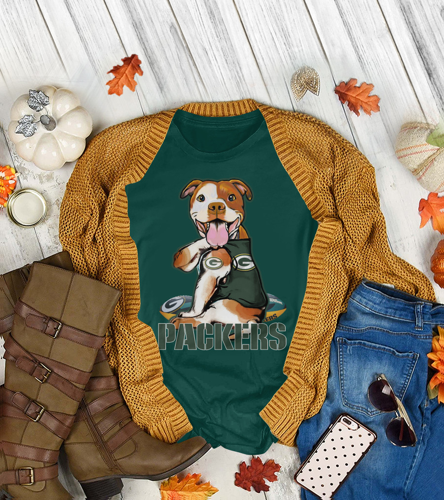 Pitbull Dog in Green Bay Packers Jersey with Football T-Shirt