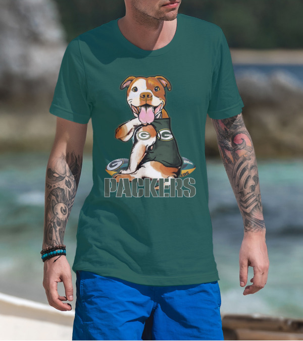 Pitbull Dog In Green Bay Packers Jersey With Football T-Shirt