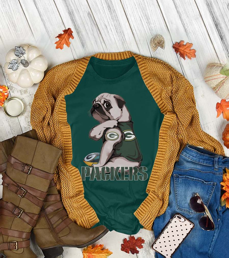 Pug with Green Bay Packers Logo in Team Colors T-Shirt