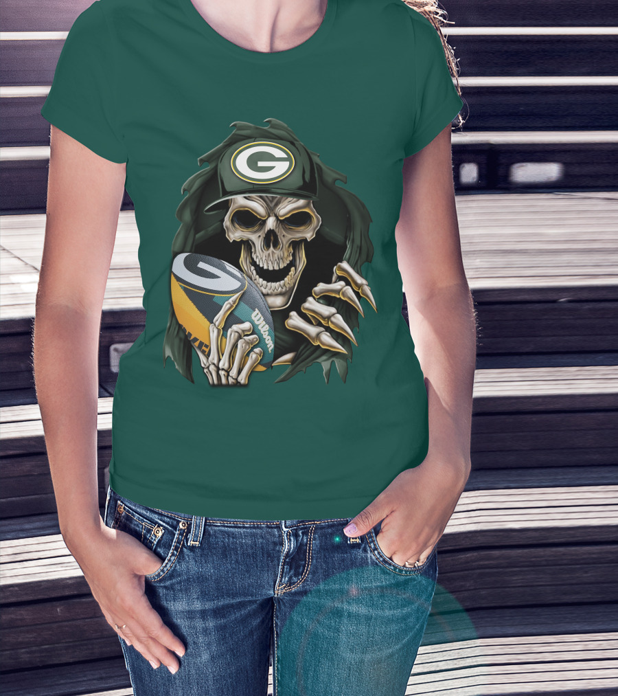 Skull With Green Bay Packers Cap Holding Football On Dark Green T-Shirt