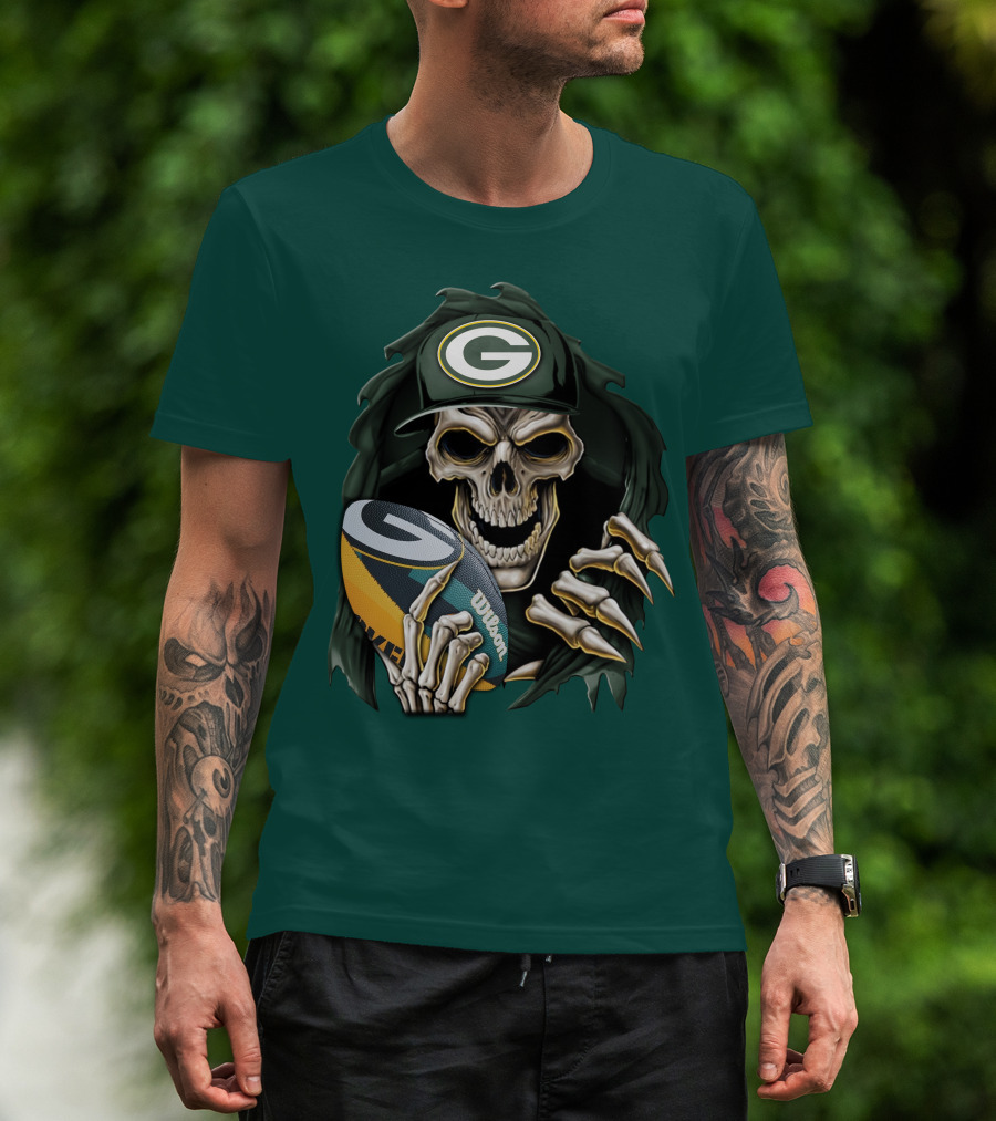 Skull With Green Bay Packers Cap Holding Football On Dark Green T-Shirt