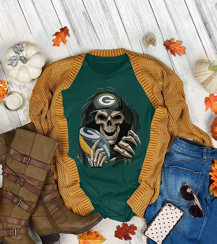 Skull With Green Bay Packers Cap Holding Football On Dark Green T-Shirt