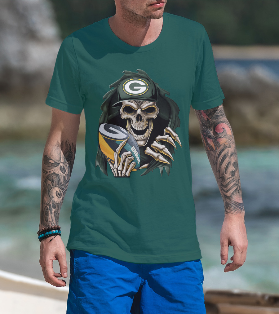 Skull With Green Bay Packers Cap Holding Football On Dark Green T-Shirt