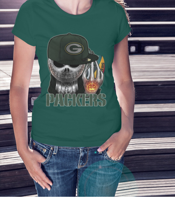 Jackskull Green Bay Packers Halloween Theme Packers Fan Skull T-Shirt