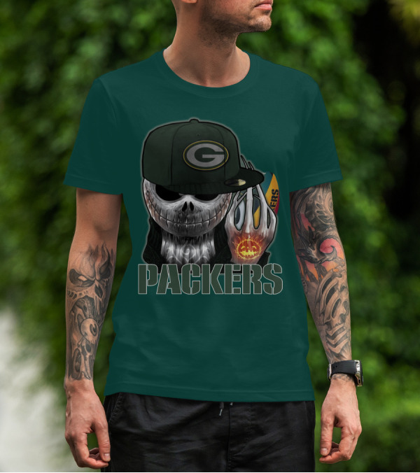 Jackskull Green Bay Packers Halloween Theme Packers Fan Skull T-Shirt