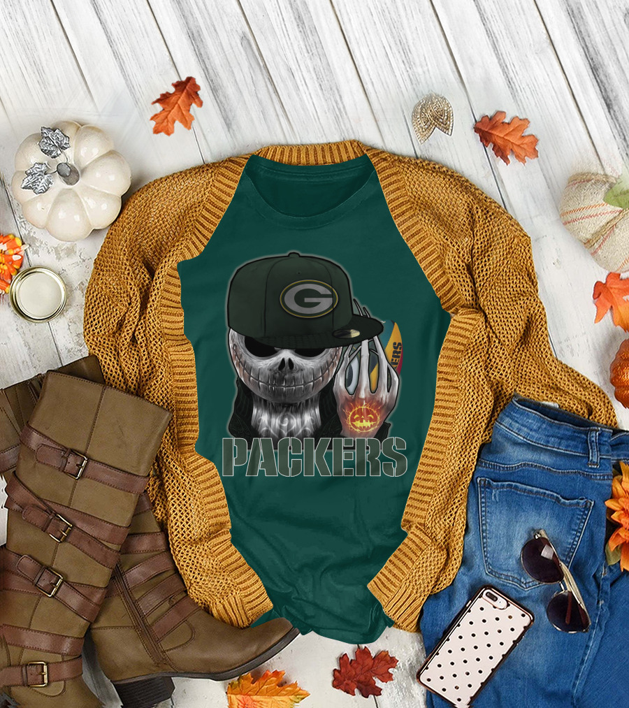 Jackskull Green Bay Packers Halloween Theme Packers Fan Skull T-Shirt
