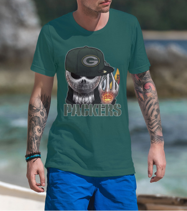 Jackskull Green Bay Packers Halloween Theme Packers Fan Skull T-Shirt