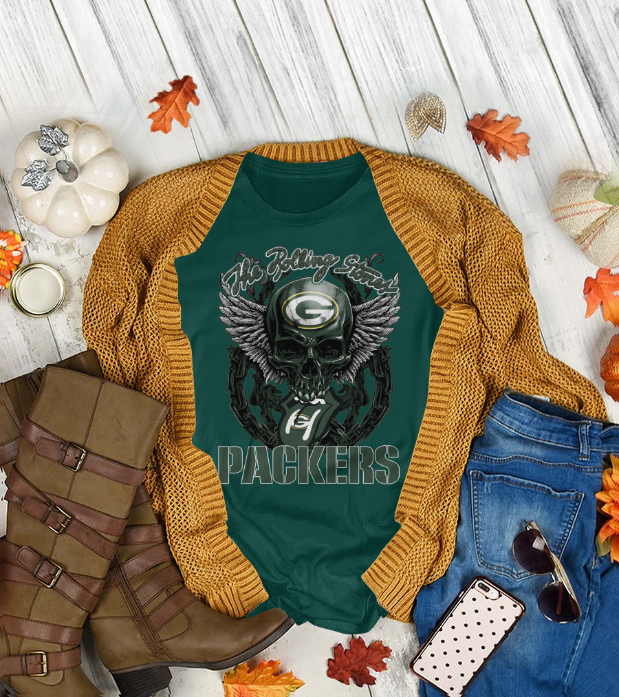 The Rolling Stones Green Bay Packers Skull Logo Wings T-Shirt