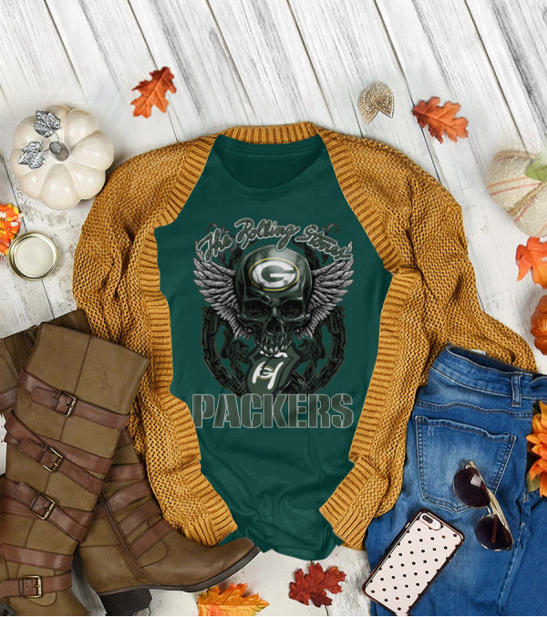 The Rolling Stones Green Bay Packers Skull Logo Wings T-Shirt