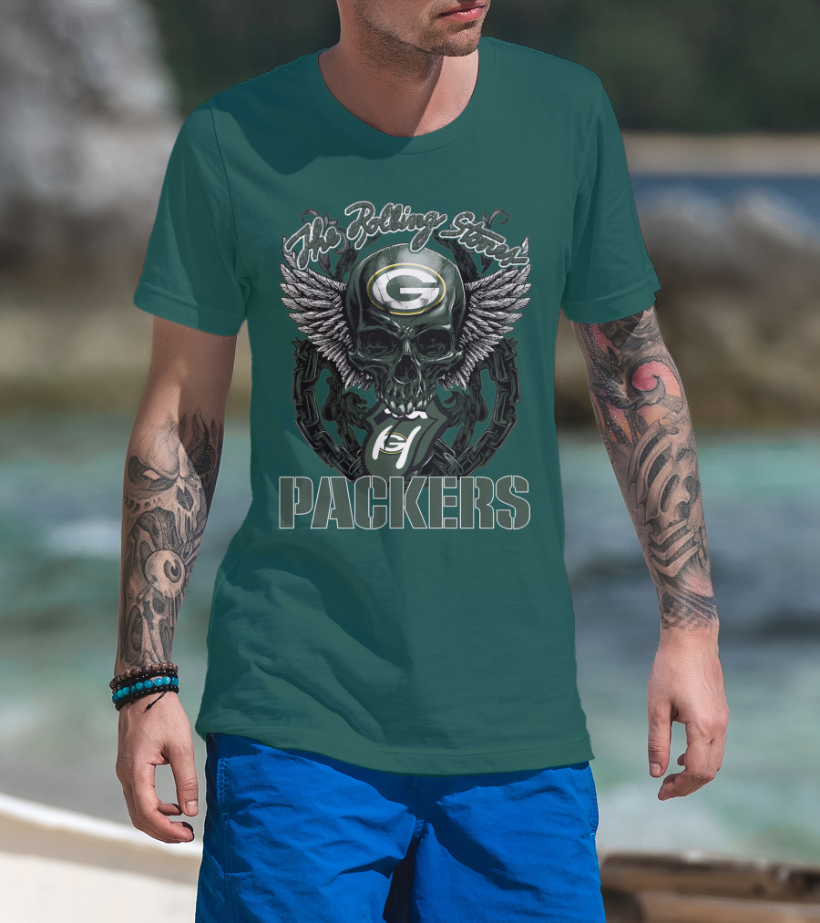 The Rolling Stones Green Bay Packers Skull Logo Wings T-Shirt