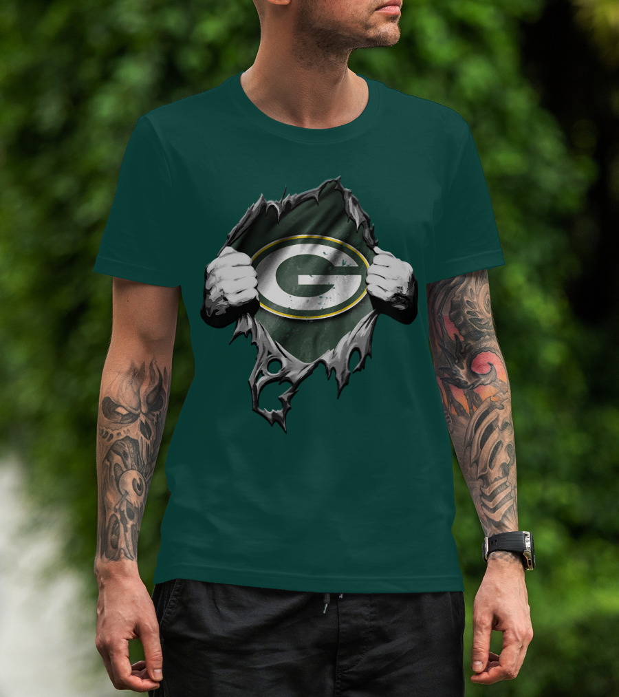 Torn Green Bay Packers Logo With Hands On Green Background T-Shirt