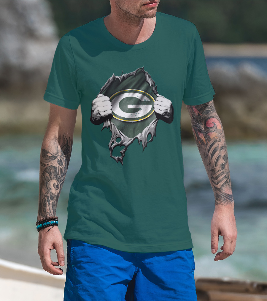 Torn Green Bay Packers Logo With Hands On Green Background T-Shirt