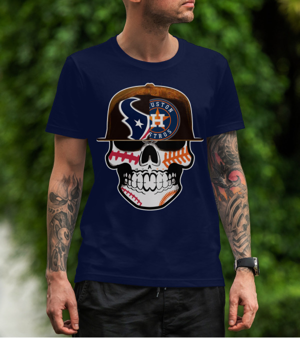 Houston Texans Astros Skull Logo Baseball Football Fusion T-Shirt