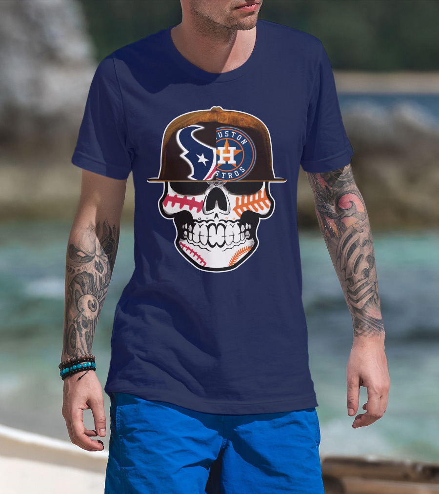 Houston Texans Astros Skull Logo Baseball Football Fusion T-Shirt