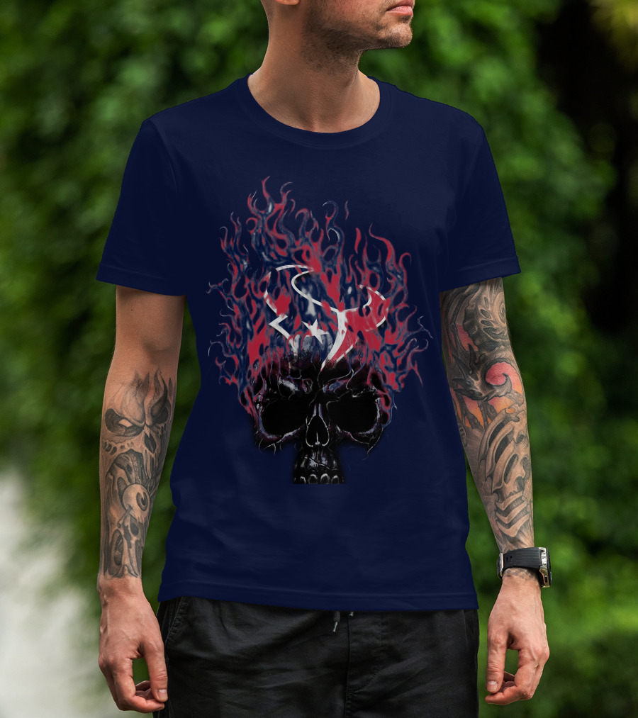 Houston Texans Skull With Fiery Logo And Flames T-Shirt