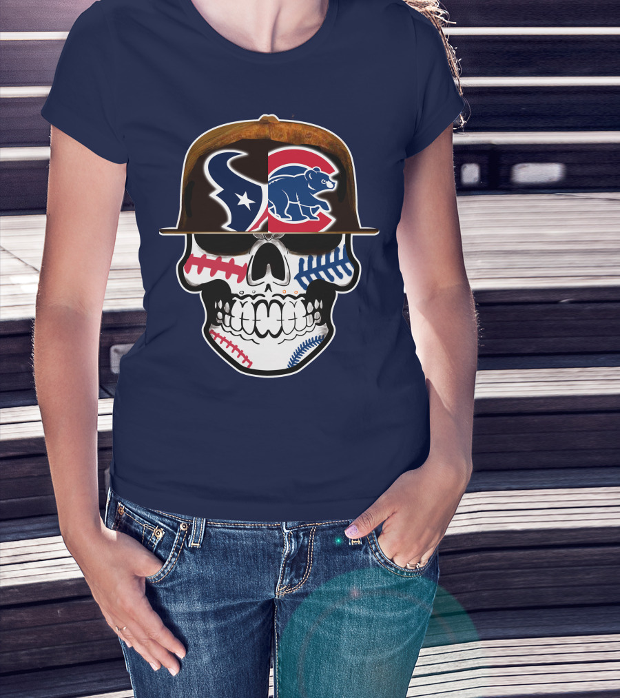 Houston Texans Chicago Cubs Skull Baseball Football Fusion T-Shirt