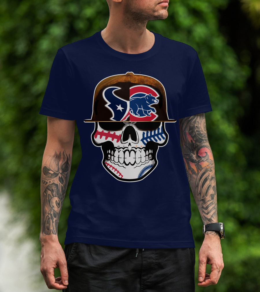 Houston Texans Chicago Cubs Skull Baseball Football Fusion T-Shirt