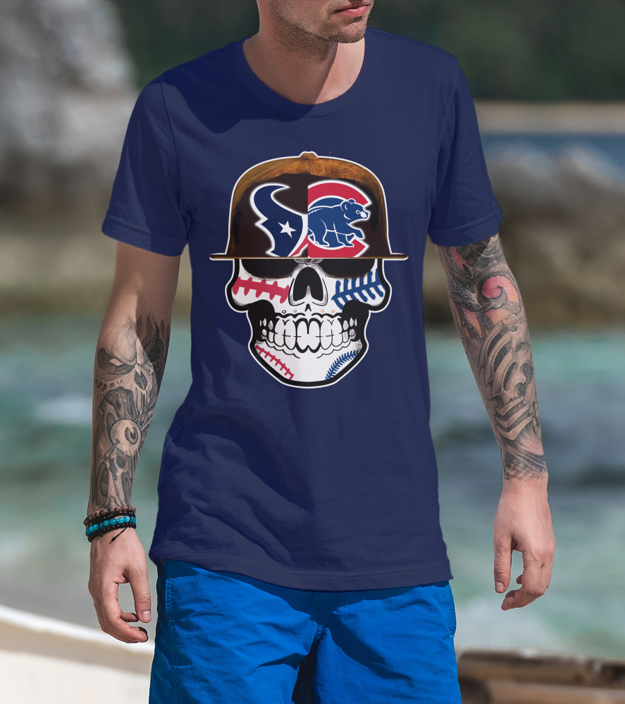Houston Texans Chicago Cubs Skull Baseball Football Fusion T-Shirt
